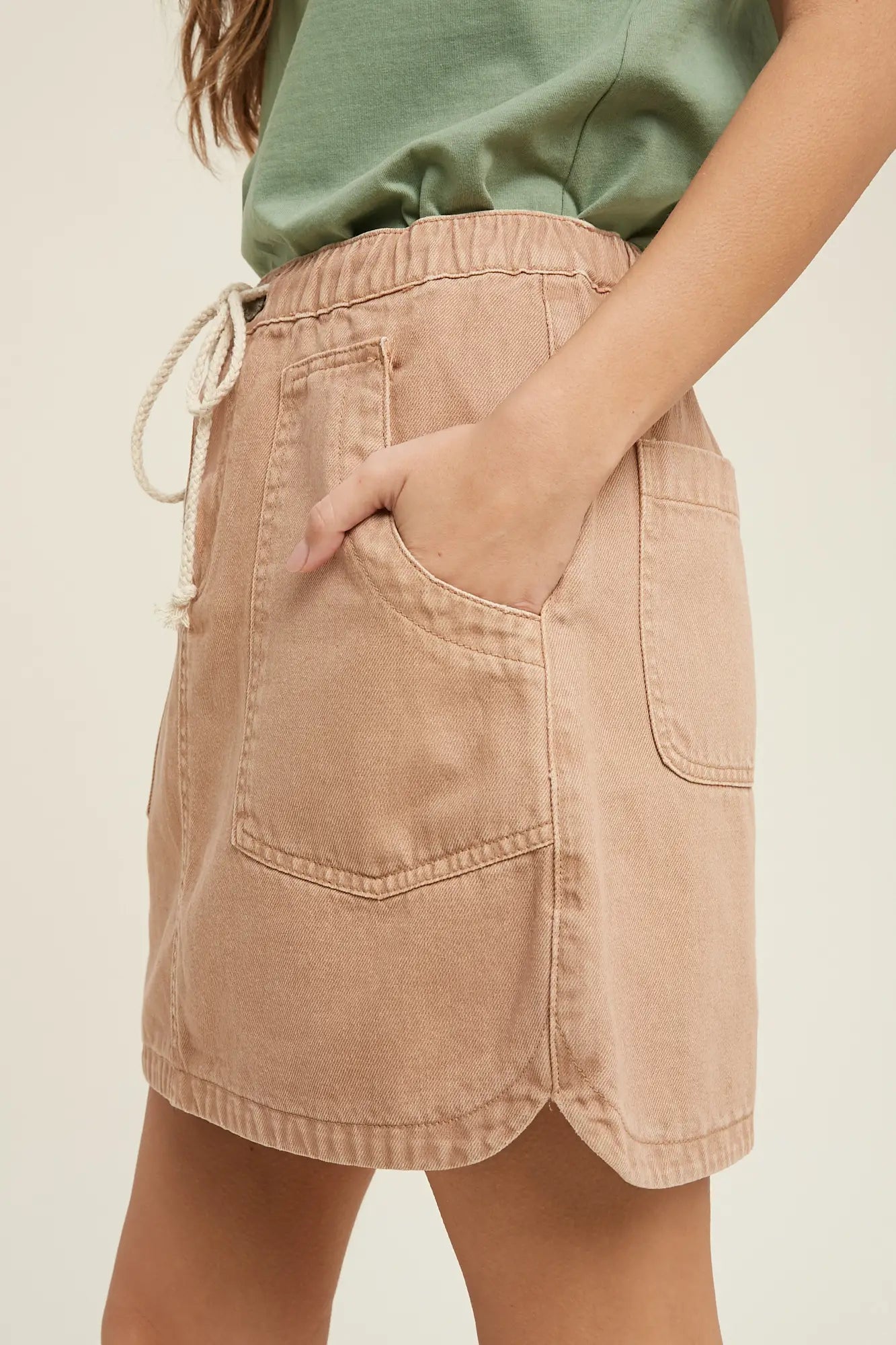 Denim Mini Skirt With Drawstring & Pockets