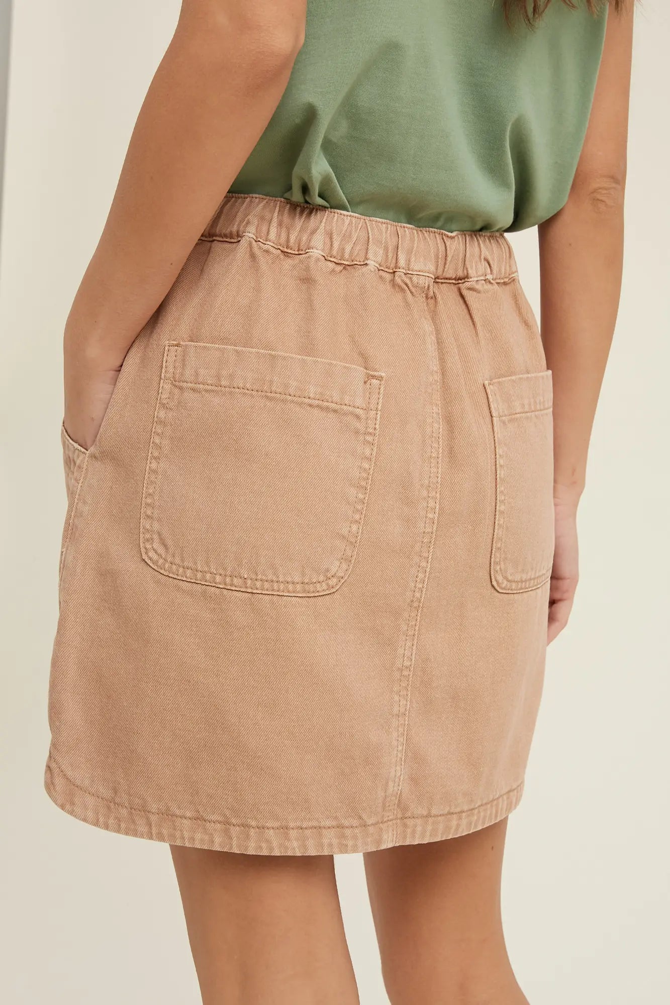 Denim Mini Skirt With Drawstring & Pockets