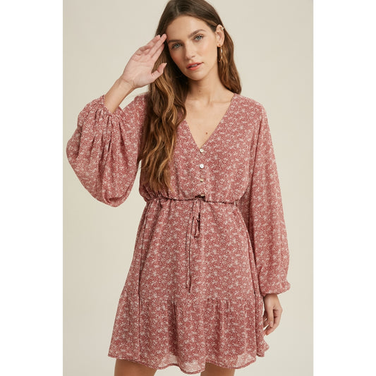Floral Print Lined Mini Dress With Drawstring